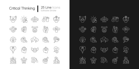 Critical thinking linear icons set for dark and light mode. Intellectual skills. Evaluation and observation. Customizable thin line symbols. Isolated vector outline illustrations. Editable stroke
