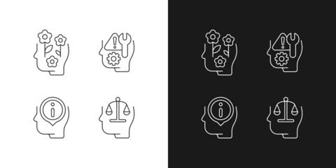 Rational and emotional mindset linear icons set for dark and light mode. Positive attitude. Rationality. Customizable thin line symbols. Isolated vector outline illustrations. Editable stroke