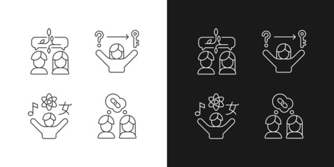 Communication skills linear icons set for dark and light mode. Problem solving skills. Critical thinking. Customizable thin line symbols. Isolated vector outline illustrations. Editable stroke
