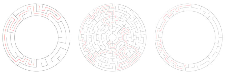 Circle, circular maze, labyrinth riddle game set. Problem solving, rebus, puzzle, brain teaser concept s - obrazy, fototapety, plakaty