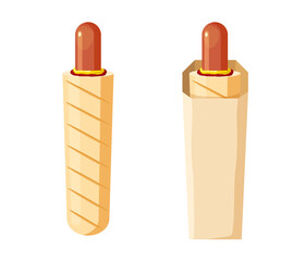 French hot dog baguette set. Sandwich grilled sausage in crispy bun in paper packaging. Fast food vector isolated eps illustration for cafe and restaurant advertising