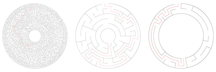 Circle, circular maze, labyrinth riddle game set. Problem solving, rebus, puzzle, brain teaser concept s
