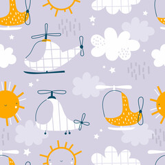 Vector hand-drawn seamless childish pattern with cute flying helicopters, sun and clouds on a purple background. Kids texture for fabric, wrapping, textile, wallpaper, apparel. Scandinavian design.