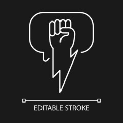 Using strong arguments white linear icon for dark theme. Use solid argumentation during discussion. Thin line customizable illustration. Isolated vector contour symbol for night mode. Editable stroke