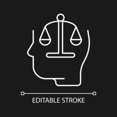 Rationality white linear icon for dark theme. Rational and emotional mind. Agreeable to reason. Thin line customizable illustration. Isolated vector contour symbol for night mode. Editable stroke