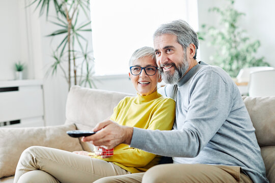 Senior Couple Watching Tv Happy Mature Television Together