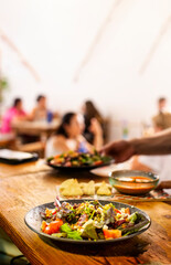 cooking pass with dishes to serve in a restaurant