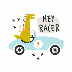 Vector hand-drawn illustration of a cute funny dinosaur rides in a retro racing car and text. Hey racer lettering. Greeting card, print, poster design for kids. Trendy scandinavian character.