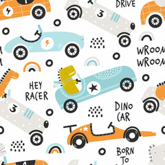 Fototapeta na wymiar Vector hand-drawn seamless childish pattern with cute funny dinosaur rides in a racing car on a white background. Kids texture for fabric, wrapping, textile, wallpaper, apparel. Scandinavian design.
