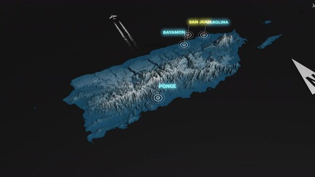 Seamless looping animation of the 3d terrain map at nighttime of Puerto Rico with the capital and the biggest cites in 4K resolution