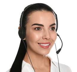 Beautiful young consulting manager with headset on white background