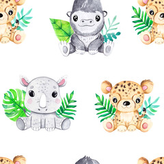 Watercolor hand-drawn color seamless childish simple pattern for kids with cute baby rhinoceros, gorilla, leopard and tropical leaves in on a white background. Animals texture. Fabric design.