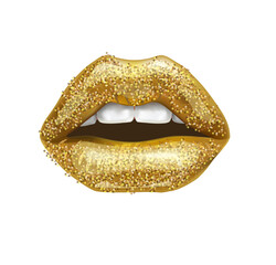 Lips with gold lipstick and glitter, realistic.