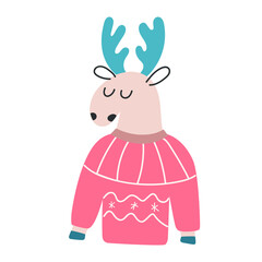 Cute deer wearing Christmas ugly sweater. Hand drawn vector illustration for greeting card, t shirt, print, stickers, posters design.  