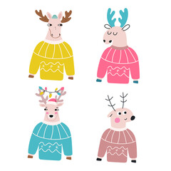 Set of cute animals. Deer wearing Christmas ugly sweater. Hand drawn vector illustration for greeting card, t shirt, print, stickers, posters design.  