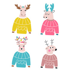 Obraz premium Set of cute animals. Deer wearing Christmas ugly sweater. Hand drawn vector illustration for greeting card, t shirt, print, stickers, posters design. 