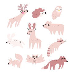 Set of cute baby woodland animals. Hand drawn vector illustrations for greeting cards, t shirt, print, stickers, posters design.  