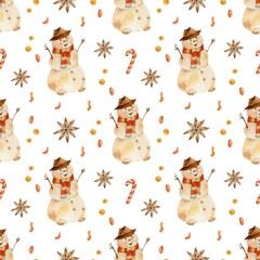 Snowman watercolor illustration Christmas seamless pattern on white background 