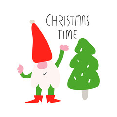 Cute gnome standing. Christmas tree. Hand drawn funny vector illustration for greeting card, t shirt, print, stickers, posters design.  