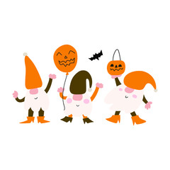 Three gnomes wearing costume for Halloween. Hand drawn funny vector illustration on white background. 