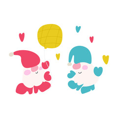 Two cute gnomes with balloon. Funny vector illustration on white background. 