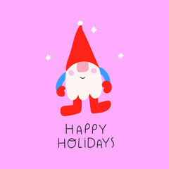 Happy holidays. Christmas gnome. Vector illustration on pink background. 