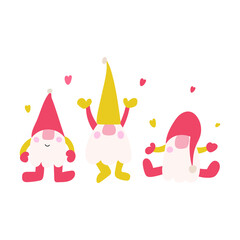 Obraz premium Funny three gnomes with little hearts above them. Concept for Valentine's day. Funny vector illustration on white background. 