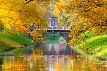 Cross bridge and Large Chinese bridge in Alexander park in autumn, Pushkin (Tsarskoe Selo), Saint...