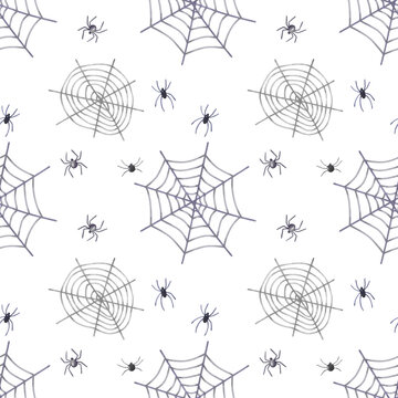 Halloween spiders and spiderwebs seamless pattern. Spooky Halloween background