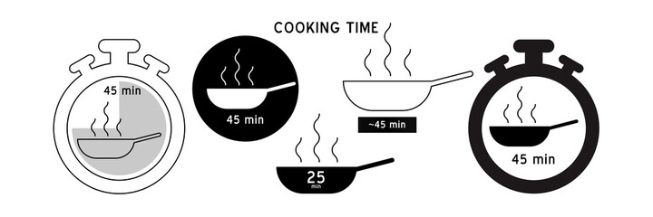 Meal Timer logo design. 5 minutes cook in boiling saucepan, fry pan,  microwave watt and oven cooker.