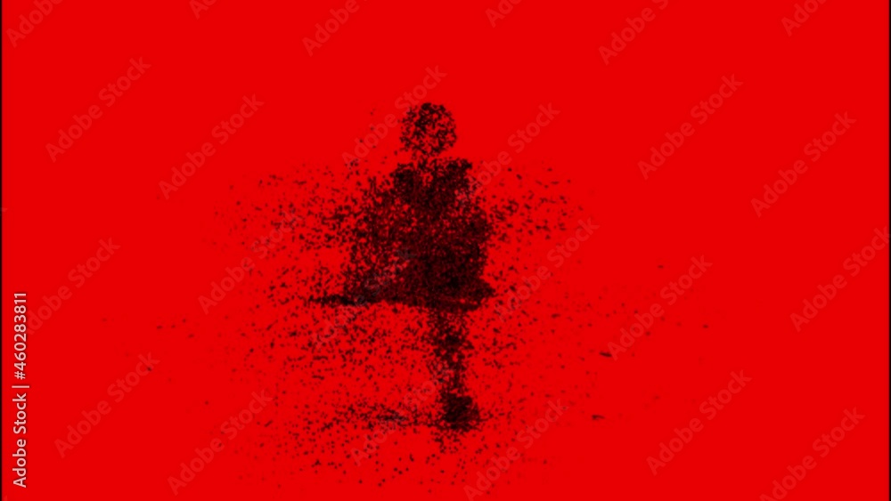 Poster cloud of black tiny particles gathering into the human silhouette that is walking. design. artificia