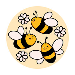 Cute set of bees in a round frame vector illustration in doodle style. Colorful collection of bumblebees in a circle, kids drawing for icon and logo design in yellow and black colors isolated on white