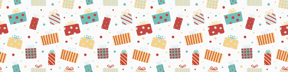Christmas pattern with hand drawn gift boxes. Panoramic header. Vector