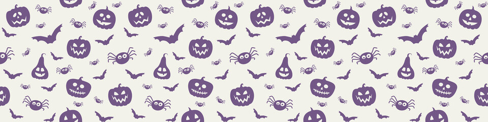Halloween banner with funny pumpkins, bats and spiders. Wallpaper. Vector