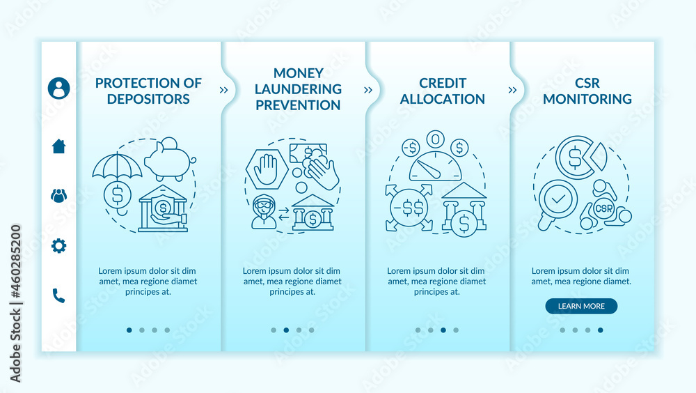 Aufkleber bank regulation tasks onboarding vector template. responsive mobile website with icons. web page wal