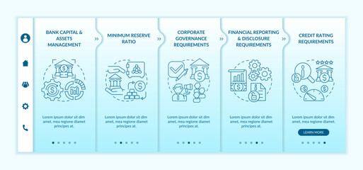 Fototapeta na wymiar Bank regulation terms onboarding vector template. Responsive mobile website with icons. Web page walkthrough 5 step screens. Bank capital and assets color concept with linear illustrations