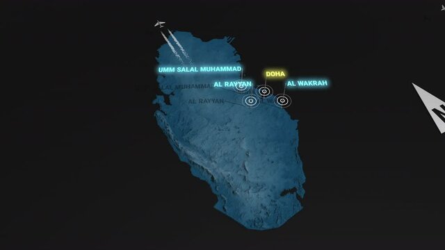 Seamless looping animation of the 3d terrain map at nighttime of Qatar with the capital and the biggest cites in 4K resolution