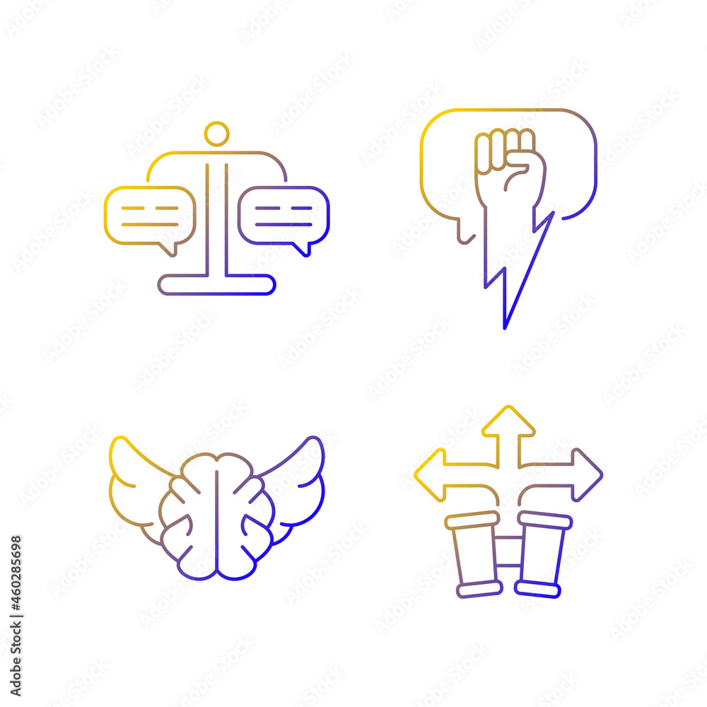 Aufkleber argumentation skills linear vector icons set. forming judgement. use solid and strong arguments. dev