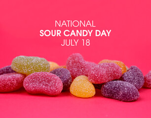 National Sour Candy Day stock images. Sour jelly sweets on a pink background stock photo. Sour Candy Day Poster, July 18. Important day