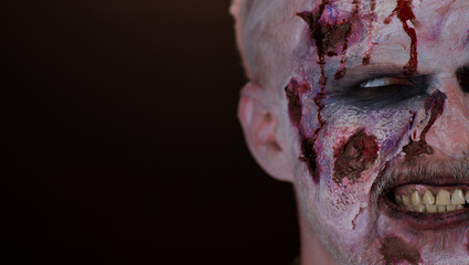 Close-up zombie man face makeup with wounds scars and white contact lenses, blood flows and drips...