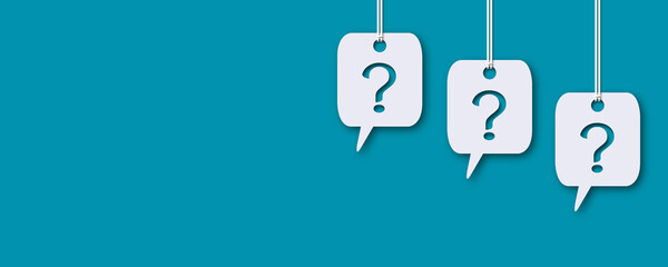 Question marks with speech bubbles on a blue background. Question mark or problem concept. Space for the text. Paper art design style.