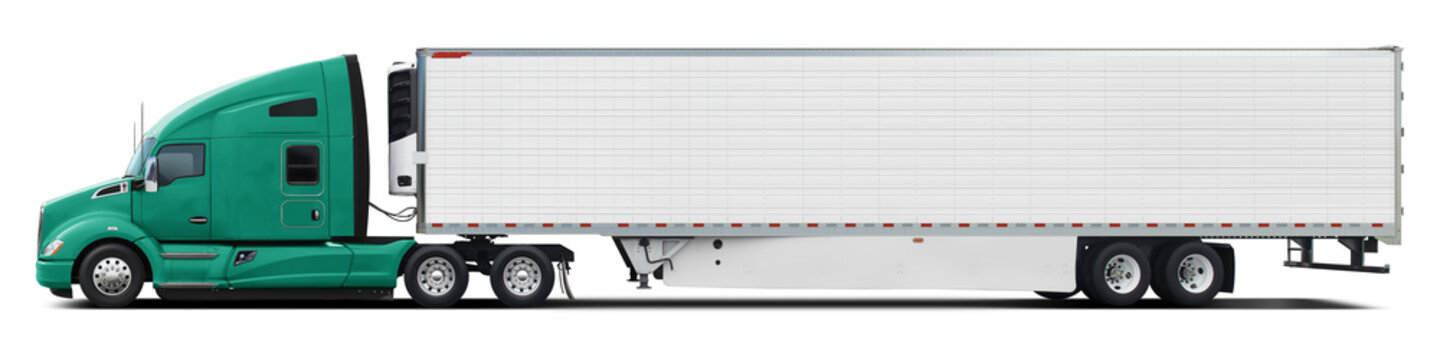 A large modern American truck with a white trailer and a blue-green cab. Side view isolated on white background.