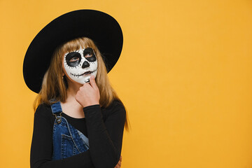 Thoughtful girl child with Halloween spooky makeup mask ponders on decision, thinking about something, posing isolated over yellow color background studio with copy space. Hmm something strange