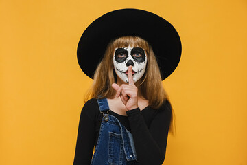 Secret fun little girl child with Halloween scary makeup mask wears big black hat, say hush be...