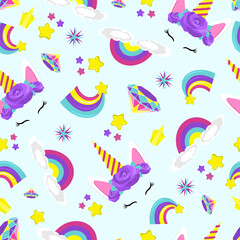 Pattern of cute unicorn face. Funny character with flowers. Colorful vector illustration isolated on pink background.