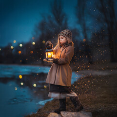 Little girl in retro stylish coat and hat standing near the river with lantern in the evening. Fairytale atmosphere © illustrissima