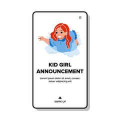 Kid Girl Announcement Children Clothes Vector. Schoolgirl Child Announcement Theater Stage Or Circus. Character Looking Through Torn Paper Hole Advertising Web Flat Cartoon Illustration