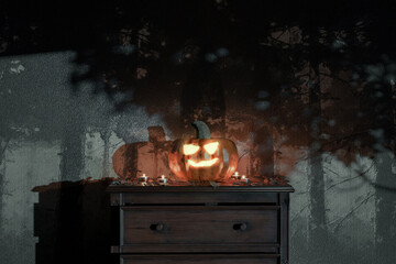 3d rendering of creepy jack-o-lantern pumpkin sitting on nightstand table in the darken living room