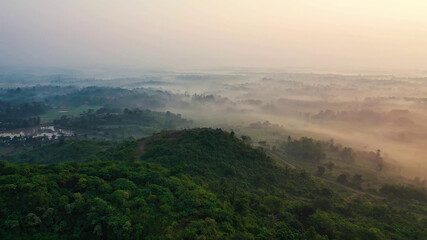 Fototapeta na wymiar Valley covered with fog, bird's eye view, dense vegetation, trees 