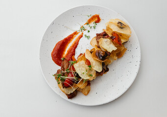 meat and potato chips salad. On a white background